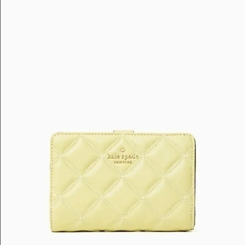 Kate Spade New York Quilted Leather Wallet Green Snap & Zip Compact Bifold NWT